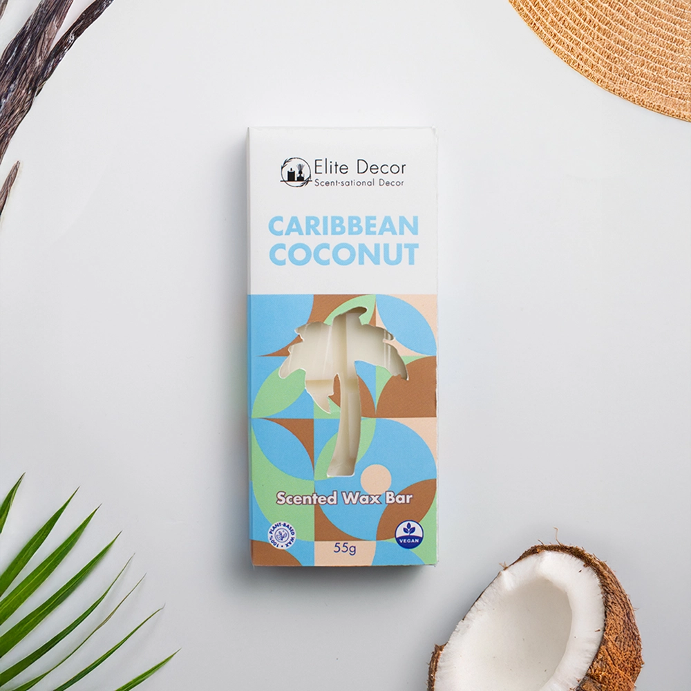 Wax Melts Elite Decor σε σχήμα μπάρας με άρωμα "Caribbean Coconut" σε κουτί.