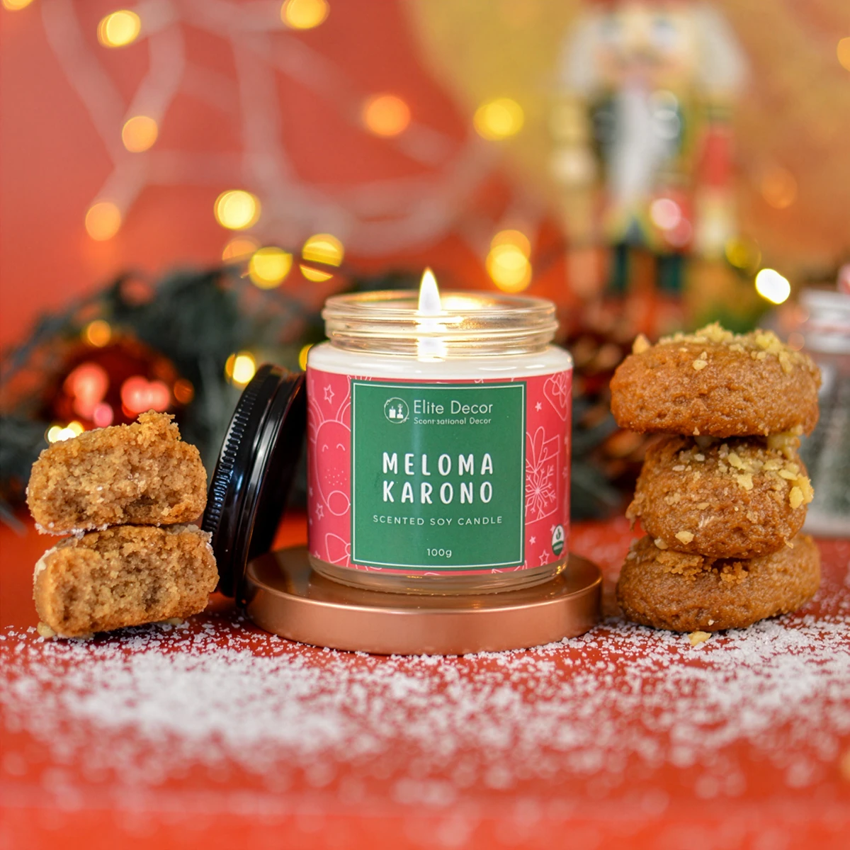 keri-melomakarono Αρωματικό κερί σόγιας με άρωμα μελομακάρονο σε γυάλινο δοχείο με καπάκι.