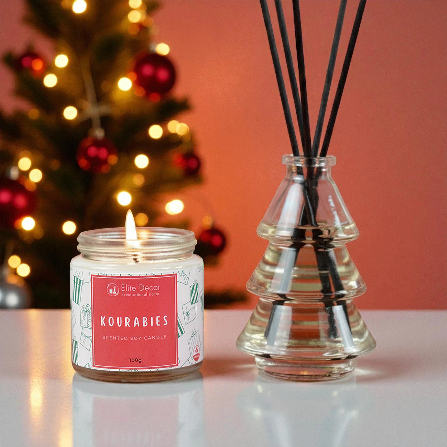 kourampies-set Σετ αρωματικό κερί και αρωματικό χώρου με άρωμα κουραμπιέ.