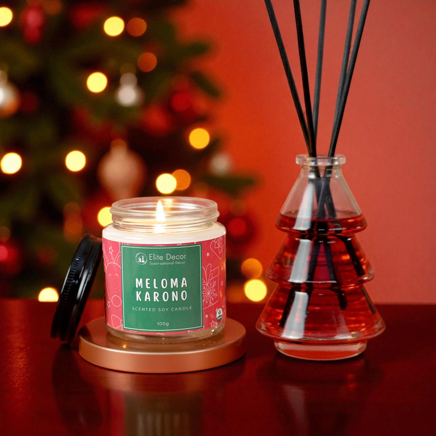 melomakarono-set Σετ αρωματικό κερί και αρωματικό χώρου με άρωμα μελομακάρονο.