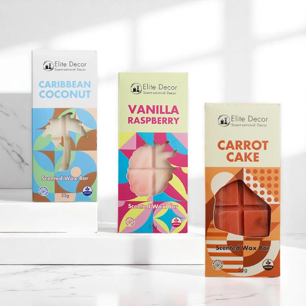 Wax Melts σε μορφή μπάρας με το κουτί τους.