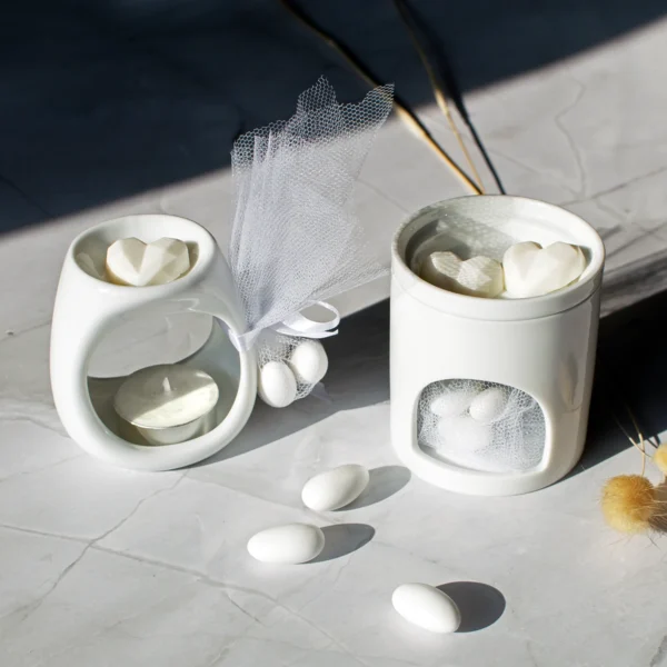 Μπομπονιέρα γάμου κεραμικοί καυστήρες με Wax Melts και κουφέτα