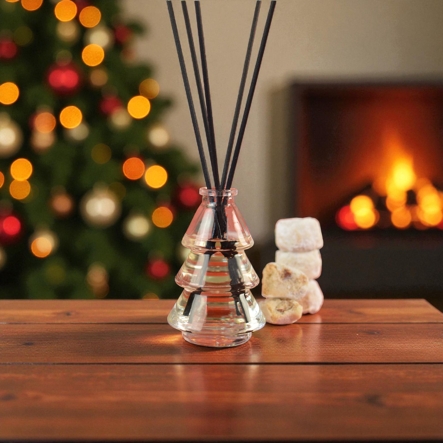 diffuser-dentro-kourampies Αρωματικό χώρου με στικς σε σχήμα Χριστουγεννιάτικο δέντρο, με άρωμα κουραμπιε.