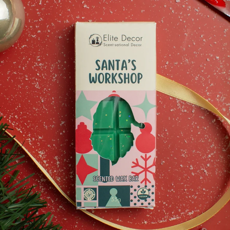 Αρωματικό κερί σε μορφή μπάρας wax melt με άρωμα Santa's Workshop και κουτί.