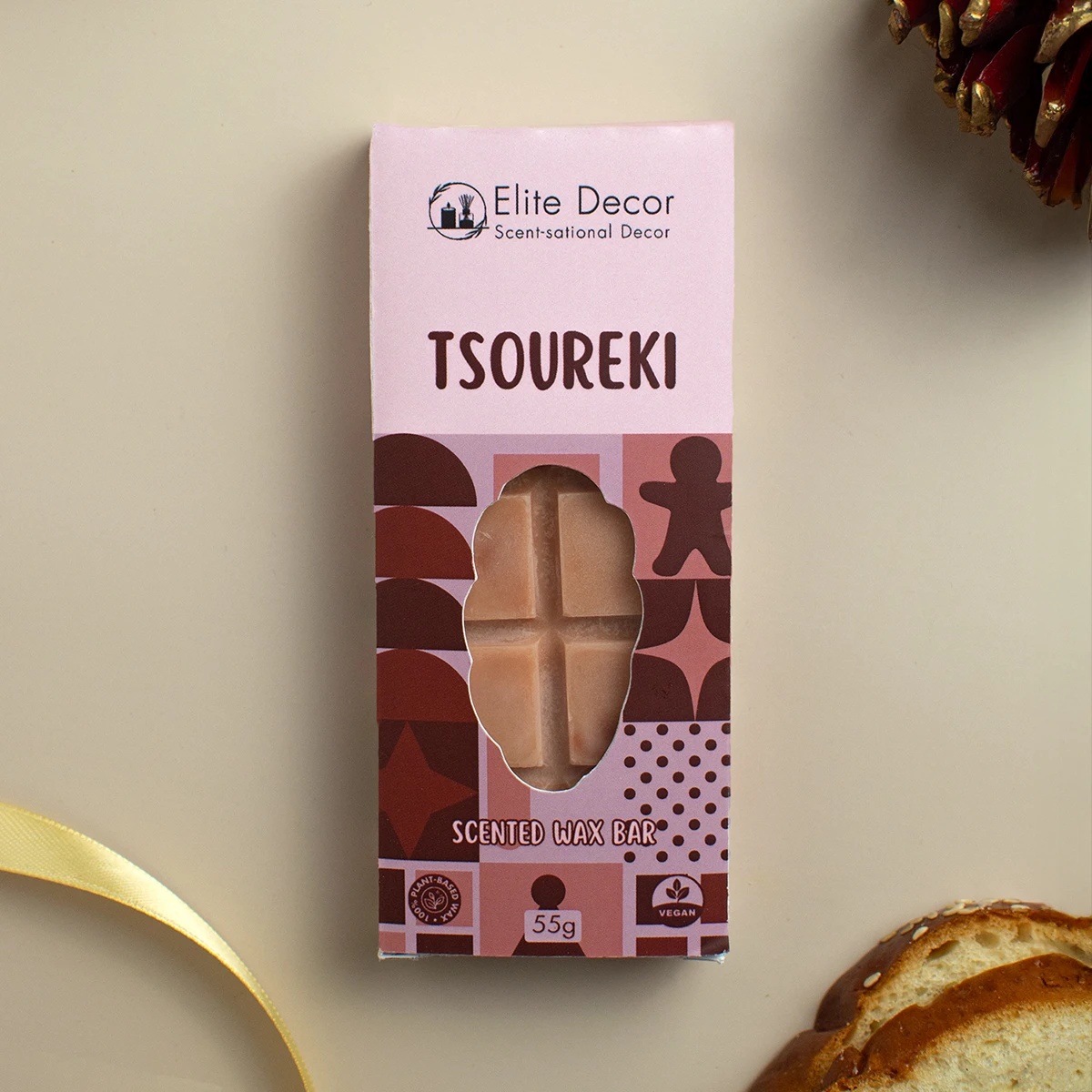 tsoureki-wax-bar-box Αρωματικό κερί σε μορφή μπάρας wax melt με άρωμα τσουρέκι και κουτί.