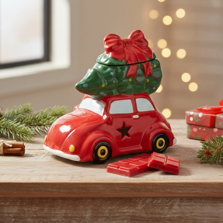 Κεραμικός αρωματιστής, για Wax Melts και αιθέρια έλαια σε σχήμα κλασσικού κόκκινου αυτοκινήτου με ενα Χριστουγεννιάτικο δέντρο στην οροφή.