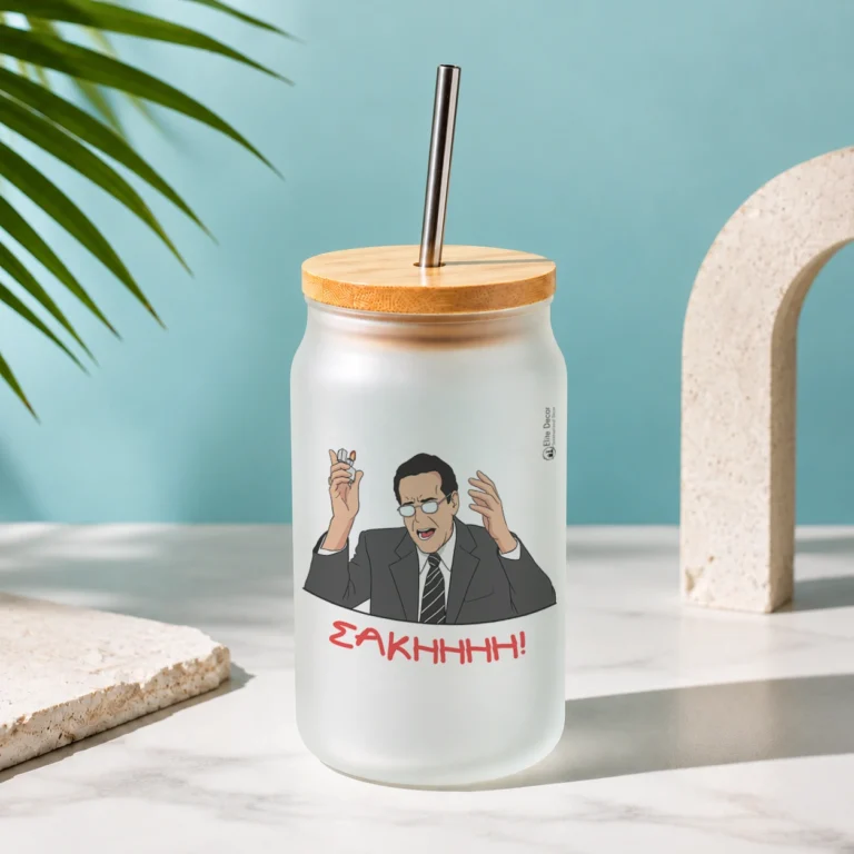 Γυάλινο ποτήρι με ξύλινο καπάκι και μεταλλικό καλαμάκι, με ατάκας του Κατακουζηνού.